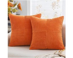 2 stuks decoratieve sierkussenhoezen voor woonkamerbankbed, rustieke boerderij Boho woondecoratie, zachte corduroy patchwork textuur vierkante kussenhoes (50x50 cm) - oranje