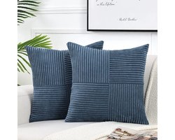 2 stuks decoratieve sierkussenhoezen voor woonkamerbankbed, rustieke boerderij Boho woondecoratie, zachte kruis corduroy patchwork textuur vierkante kussenhoes (50x50cm) - Denimblauw