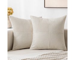 2 stuks decoratieve sierkussenhoezen voor woonkamerbankbed, rustieke boerderij Boho woondecoratie, zachte kruis corduroy patchwork textuur vierkante kussenhoes (50x50cm)