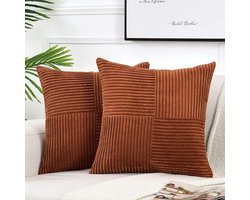 2 stuks decoratieve sierkussenhoezen voor woonkamerbankbed, rustieke boerderij Boho woondecoratie, zachte kruis corduroy patchwork textuur vierkante kussenhoes (40x40cm) - roodbruin