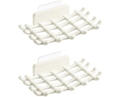 2-stuks Douchewandzeephouder - Wandgemonteerde zeepbak - Houdt zeep droog - Zelf-drainerende zeepbak met haak - Geen boren nodig - Zelfklevende achterkant - Geschikt voor badkamers, keukens, slaapkamers en woonkamers - Wit