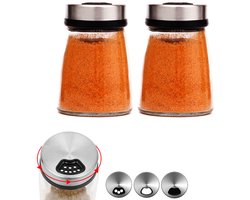2-stuks Draaibare kruidenpotjes - Doorzichtige glazen kruidenpotjes - Zout- en peperstrooier set - Met verstelbare schenkopening - 180 ml - Geschikt voor keukens, restaurants, huizen, barbecues, kamperen - Transparant, zilver