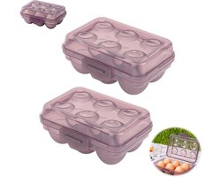 2 stuks - Eierhouder - Eierdoos voor 6 eieren - Draagbare stapelbare eierdoos - met sluitclip schokbestendig - Transparant paars eierdoos voor picknick kamperen en koelkastopslag