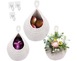 2 stuks fruitmand, hangende wandmand, opbergmanden, fruitmand, groentemand, hangmand, aan de muur hangen, groente en fruit, mand, natuurlijk katoenen touw, keuken, tafel, muur, hangende opslag