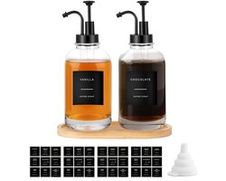 2 Stuks Glazen Koffiesiroopdispensers 500ML met Pomp, Etiketten en Dienblad