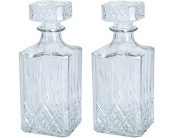 2 Stuks glazen whisky/water karaffen 750 ml/9 x 23 cm kristal - 2x Kristalglas look whiskey fles - Whiskykaraf/whiskyfles met structuur in glas