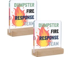 2 Stuks Grappige Bureau Accessoires met Vuilnisbak en Acryl Plaquette "DUMPSTER FIRE RESPONSE TEAM" voor Thuis en Kantoor, Desk Organizer en Decoratie