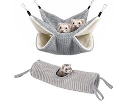 2 stuks grijze cavia's, hangmat, cavia-tunnel met metalen haken