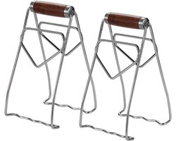 2-stuks Gripper Bowl -Roestvrijstalen klem voor hete schotels - Komklem - Multifunctionele klem voor potten en borden - Houten handvat - Opvouwbaar - Geschikt voor het verwijderen van schotels uit ovens, airfryers, magnetrons en stoomkokers - Zilver