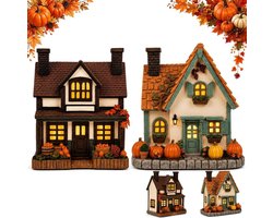 2 Stuks Halloween Miniatuur Huisjes - Decoratie Huis met Led Huis - Vintage Verlicht Pompoenhuisje - Halloween-Dorphuisjes - Halloween Decoratie - Led-Herfstornament - Decoratie Ornamenten - Handbeschilderd - Kunsthars