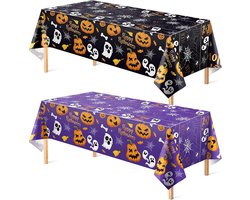 2 Stuks Halloween Tafelkleed - 220x130cm - Halloween Decoratie - Wegwerp Plastic Tafellaken - Griezelige Tafeldecoratie voor Binnen & Buiten - Perfect voor Halloween Feest, Buffet & Kindertafel - Waterafstotend & Snel Afdekken - Zwart en Paars