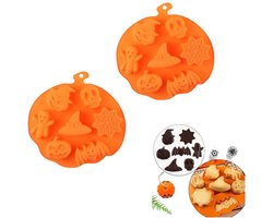 2 stuks - Halloween-vormen - Koekjesvormen om te bakken - Pompoenvormen - 7 patronen - Pompoenvorm met lijmdruppels - Siliconen koekjesvormen - Halloween-siliconenvormen - Voor chocolade, fudge en koekjes - Oranje - 26*26 cm