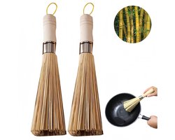 2 stuks - Handgemaakte bamboeborstel - Pannenborstel - Schoonmaakgereedschap - Bamboe wokborstel - Keukenborstel - Duurzaam - Flexibel - Geschikt voor het schoonmaken van vaat, gietijzeren potten, pannen, groenten en gootstenen