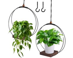 2 stuks hangende plantenhangers voor binnen, zwart met stabiele houten sokkel, hangplanten, pot, plantenbakken voor muren en plafonds, inclusief ophanghaken