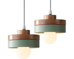 2 Stuks Hanglamp Moderne Hout Kroonluchter Ronde voor Slaapkamer E27 Plafondlamp Woonkamer Groen