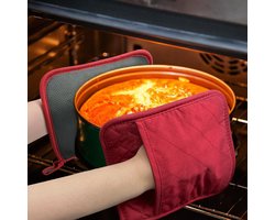 2 stuks hitte-isolerende ovenwanten/pannenlappen met zakje, multifunctionele hittebestendige onderleggers voor vingers, handen en polsen, hittebestendig, rood, magnetronbestendige ovenwanten