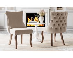 2 stuks hoge rug 4-poots stoel-beige fluwelen eetkamerstoel-met-knoopsteek-massief houten frame-beige(Set van 2) Style 3