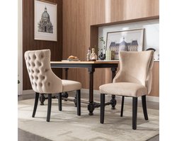2 stuks hoge rug 4-poots stoel-beige fluwelen eetkamerstoel-met-knoopsteek-massief houten frame-beige(Set van 2) Style 4