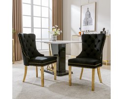 2 stuks hoge rug 4-poots stoel-fluwelen eetkamerstoel-met-knoopsteek-massief houten frame-zwart-(Set van 2) Style 1