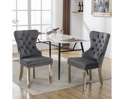 2 stuks hoge rug 4-poots stoel-Gray fluwelen eetkamerstoel-met-knoopsteek-massief houten frame-Gray-(Set van 2) Style 2