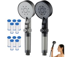 2 stuks Hogedruk gefilterde douchekop, 5 sproeistanden, draagbare filterdouchekop, ingebouwde hogedrukreiniger, douchekop met 10 filterkernen, pauzeknop met één druk op de knop, Zwart + Grijs
