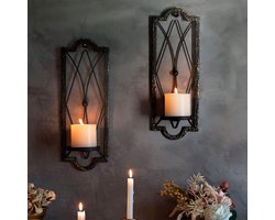 2 stuks kandelaars muur vintage, hangende metalen wandkaarsenhouders voor wanddecoratie (zwart en goud)
