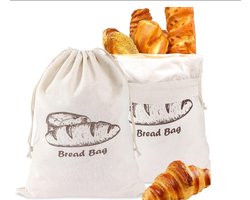 2 stuks Katoenen Broodzakken met Trekkoord - 30x45cm, Grijs, Herbruikbaar voor Brood & Stokbrood