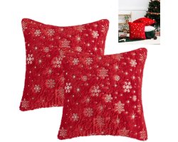 2 stuks - kerst kussenhoezen - vierkante kussenslopen - sierkussen hoezen voor feestjes met verborgen rits - sierkussenhoes, pluizig zacht - met sneeuwpatronen - 40 x 40 cm - rood