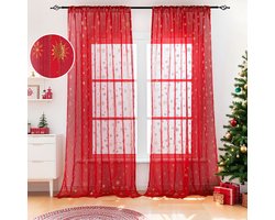 2 Stuks Kerst Vitrage met Gouden Folie Sneeuwvlokken - 132x214 cm Kant en Klaar Gordijnen voor Gordijnroede - Kerstdecoratie voor Woonkamer Slaapkamer - Rood