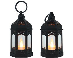 2-stuks Kerstdecoratieve lantaarns - hangende kaarslantaarns - vintage lantaarndecoraties - kaarslantaarns voor binnen - kleine vintage lantaarns - met fonkelende LED-kaarsen - geschikt voor Halloween, Kerstmis, bruiloftstafeldecoraties - zwart