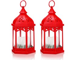 2-stuks Kerstdecoratieve lantaarns - hangende kaarslantaarns - vintage lantaarndecoraties - kaarslantaarns voor binnen - kleine vintage lantaarns - met fonkelende LED-kaarsen - geschikt voor Halloween, Kerstmis, bruiloftstafeldecoraties -Rood