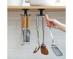 2 Stuks KeukenHaak - Ophangen van Keukengerei - Keukengereedschap - Zelfklevend - 6 Haken - Houder (Zwart)