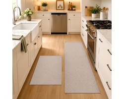 2 stuks keukenmat set antislip wasbaar - lange vloermat 43x75 cm + 43x150 cm - beige