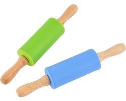 2 stuks - Kinderdeegrollers van 23 cm - Houten deegrollers met blauwe en groene handgreep - Perfect formaat voor kleine handjes - Ideaal bakhulpmiddel voor kinderen om mee te bakken, kneden of koekjes te maken