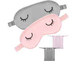 2 Stuks Kinderslaapmasker Satijnen Oogmasker voor Slaap - Grijs en Roze Set met Opbergtas, Zacht en Lichtgewicht Oogbedekking voor Jongens en Meisjes