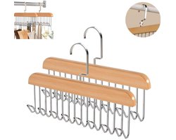 2 stuks - Kledinghanger - Massief houten multifunctionele kledinghanger - Met 8 haken - Houtkleur - Ruimtebesparende riemorganizer - Kledingkastplank - Geschikt voor het opbergen van sjaals