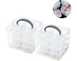 2 stuks - kleine 3-laagse opbergdoos met handvat - opbergdoos - combinatie opbergdoos - 18 vakken transparante sorteerdoos voor smeltkralen - lego steentjes, schroeven en klein gereedschap - transparant