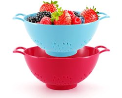 2 stuks - kleine keukenvergieten - plastic vergieten met handvat - veilig - vaatwasserbestendig - voor groenten, bessen, fruit, voedsel - rood en blauw