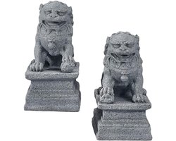 2 Stuks Kleine Leeuw Sculptuur - Chinese Steen Beeldjes voor Feng Shui, Tuin en Bonsai Decoratie