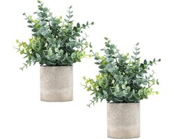 2 stuks kleine nep-plantjes - Eucalyptus in pot - kunstplanten voor plank, bureau, badkamer, landelijke kamer, salontafel (saliegroen)