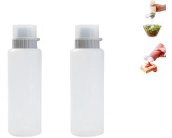2-stuks Knijpfles - Knijpfles met vijf openingen - Sausfles - Sausfles met deksel - Doseerfles - Gegradueerd - Herbruikbaar - Lekvrij ontwerp - Geschikt voor sauzen, saladedressings, ketchup, bakolie, honing en bakproducten - Grijs