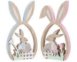 2 stuks-Konijnenbeeldje - Paasdecoratie - Bureauornament - Woondecoratie - Houten ornament - Geschikt voor woonkamer - etalage - open haard - Lente - Feestdagendecoratie - Blauw - Roze - 11*1,5*19,5 cm