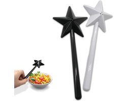 2 stuks kruidenstrooiers, toverstaf, zout- en peperstrooier toverstaven, pentagramvormige zoutdispenser, zout- en peperstrooiers, stervormige zout- en peperstrooiers navulbaar met gaten keukenaccessoires (zwart + wit)