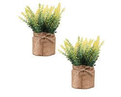 2 Stuks Kunst Lavendel Plantjes in Jute Pot - Nep Bloemen voor Binnendecoratie - Realistische gele Kunstplanten - Onderhoudsvrij - Ideaal voor Woonkamer, Slaapkamer of Bureau