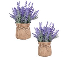 2 Stuks Kunst Lavendel Plantjes in Jute Pot - Nep Bloemen voor Binnendecoratie - Realistische Paarse Kunstplanten - Onderhoudsvrij - Ideaal voor Woonkamer, Slaapkamer of Bureau