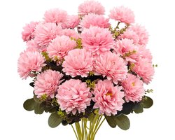 2 Stuks Kunstbloemen Chrysanten Boeket - 18 Bloemhoofden - Romantisch Roze Zijden Bloemen voor Binnen & Buiten - UV-Bestendig - Luxe Woondecoratie - Voor Vaas, Balkon & Tafel - 37 cm - Roze