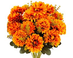 2 Stuks Kunstbloemen Chrysanten Boeket - 18 Bloemhoofden - Zijden Kunstplanten voor Buiten & Binnen - UV-Bestendig - uxe Woondecoratie - Voor Vaas, Balkon & Tafe - 37 cm - Oranje