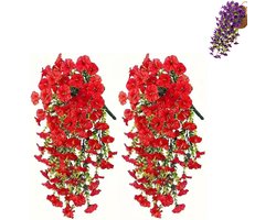 2 Stuks- kunstbloemen-kunstbloemen voor buiten-kunstbloemen boeket-Hangende kunstbloemen-Kunstplant-UV-bestendige kunstbloemen-75CM -Planten voor buiten- Windeplanten- voor veranda, patio, tuin, balkon-plastic-Rood