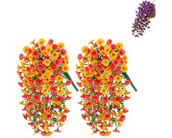 2 Stuks- kunstbloemen-kunstbloemen voor buiten-kunstbloemen boeket-Hangende kunstbloemen-Kunstplant-UV-bestendige kunstbloemen-75CM -Planten voor buiten- Windeplanten- voor veranda, patio, tuin, balkon-plastic-Oranjegeel