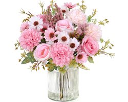 2 Stuks Kunstbloemen – Roze Boeket met Nep-pioenen, Zijden Hortensia's en Plastic Anjers – Realistische Bloemschikking voor Bruiloftsdecoratie en Tafelstukken